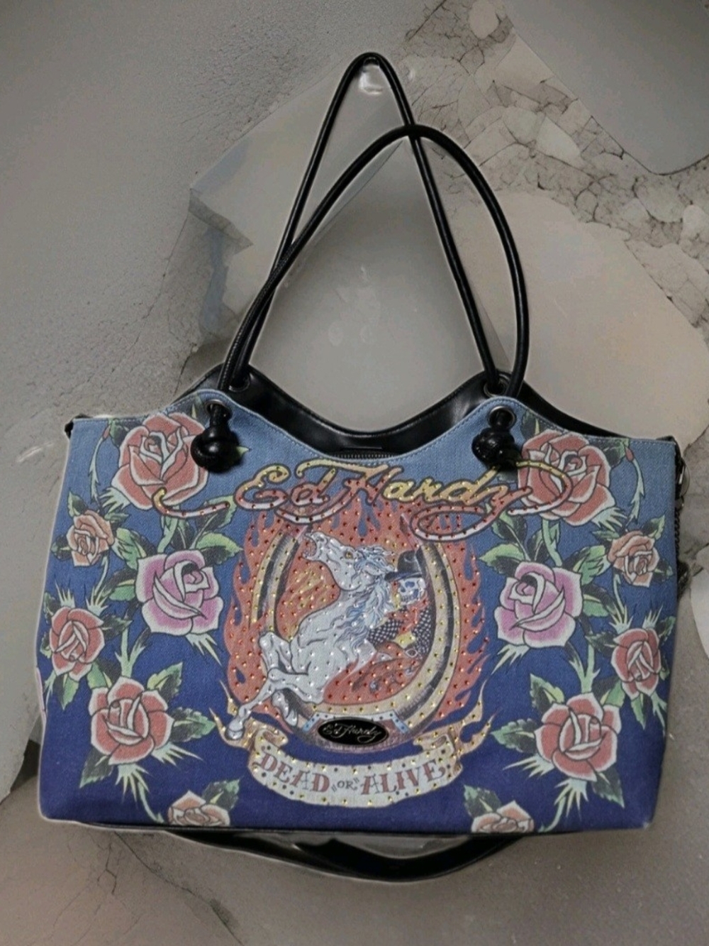 Ed Hardy Dead Alive Rose Horse Graphic Canvas Tote Shoulder Bag Rhinestone Y2K